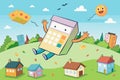 A giant tax calculator floats over a whimsical landscape as tax forms and colorful confetti rain down, creating a playful and