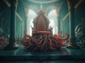 A giant throne-octopus with tentacles somewhere in undersea. AI generative image.