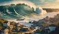 Giant tidal tsunami wave sweeping in over small village Royalty Free Stock Photo