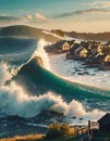 Giant tidal tsunami wave sweeping in over small village Royalty Free Stock Photo