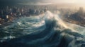 Giant Tidal Wave Devastates City: A Cinematic Apocalypse Royalty Free Stock Photo