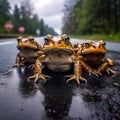 Giant toads walking down the road on a rainy day.