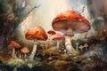 Giant toadstools, fantastic mushrooms, growing grass, cartoon deep color, peyote base, tael poisonous, red cap Royalty Free Stock Photo