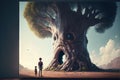 Giant tree talking to children illustration generative ai