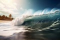 A giant tsunami wave arriving at a tropical beach created with generative AI technology Royalty Free Stock Photo