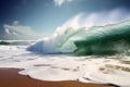 A giant tsunami wave arriving at a tropical beach created with generative AI technology Royalty Free Stock Photo