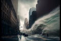 Giant Tsunami wave hitting modern city Royalty Free Stock Photo