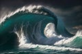 A giant tsunami wave in the sea with dark cloudy sky background, created with generative AI technology Royalty Free Stock Photo