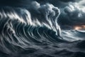 Giant tsunami waves, dark stormy sky. Huge waves Tsunami Big waves