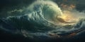 Giant tsunami waves, dark stormy sky. Perfect Storm. Huge waves Tsunami Big waves. Generative AI