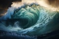 Giant tsunami waves, dark stormy sky. Perfect Storm. Huge waves Tsunami Big waves. Generative AI