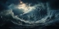 Giant tsunami waves, dark stormy sky. Perfect Storm. Huge waves Tsunami Big waves. Generative AI