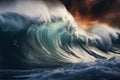 Giant tsunami waves, dark stormy sky. Perfect Storm. Huge waves Tsunami Big waves. Generative AI