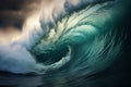 Giant tsunami waves, dark stormy sky. Perfect Storm. Huge waves Tsunami Big waves. Generative AI