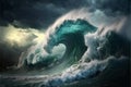 Giant tsunami waves dark stormy sky perfect storm, landscape background