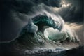 Giant tsunami waves dark stormy sky perfect storm, scenery background