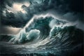 Giant tsunami waves dark stormy sky perfect storm, scenery background