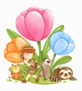 Giant tulip flowers with wildlife animals owl raccoon sloth bear and adventure boy . Realistic watercolor paint with paper