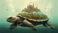 A giant turtle carrying a castle over its shell