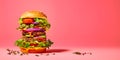 Giant Vegan burger isolated on pink background - AI generated