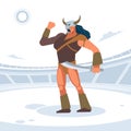 Giant warrior in the Gladiator arena. Gladiator before the battle welcomes the Emperor. Vector isolated illustration