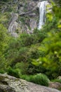 Giant waterfall in the background and out of focus leaves in the foreground. Frecha da Mizarela
