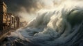 A giant wave crashes into a coastal city