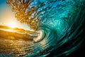 A giant wave crashes towards the camera, with the sun setting in the background
