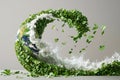 A giant wave of green leaves and flowers forms Earth shape, symbolizing eco awareness in a dynamic scene, Generated AI Royalty Free Stock Photo