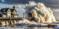 Giant Waves Devour Seaside Structures AI-Generated Content Royalty Free Stock Photo