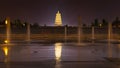 Giant Wild Goose Pagoda and water fountains in North Square, Xi`an, China