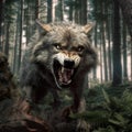 A giant wild wolf snarling in a pine forest behind him.