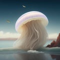 Generative AI: giant withe fantasy jellyfish against a dream sea blue background