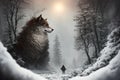 Giant wolf, warg Fenrir, looking at you trough snow covered trees in the northern forest at twilight. AI generated