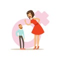 Giant woman in a red dress threatening a tiny man, feminism colorful characters vector Illustration