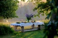 Giant wooden picnic table in scenic park with old trees, yellow sunset light.