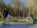 Giant wooden Trigonometry set sculpture at The Land of the Giants, Clare Lake, Claremorris Royalty Free Stock Photo