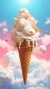 Giant yummy Ice Cream Cone hovers among clouds. Bright delicious sweet dessert with topping. Paradisaic delight. In pink Royalty Free Stock Photo