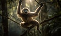 Gibbon suspended mid-air in a forest clearing. Composition showcases gibbons agile & acrobatic nature as it swings effortlessly