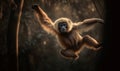 Gibbon suspended mid-air in a forest clearing. Composition showcases gibbons agile & acrobatic nature as it swings effortlessly