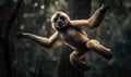 Gibbon suspended mid-air in a forest clearing. Composition showcases gibbons agile & acrobatic nature as it swings effortlessly