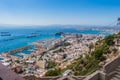 Gibraltar- 4 August 2022 - Buildings architecture and marine harbor in aerial view with Mediterranean sea