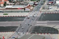 GIBRALTAR, EUROPE - DECEMBER 2017: Aerial View On Road With Transport Crossing Aircraft Runway.