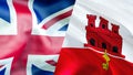 Gibraltar and UK flags. Brexit 3D Waving flag design. Gibraltar