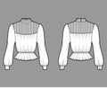 Gibson blouse technical fashion illustration with puff long sleeves, stand collar, peplum hem, fitted body, pintucked.