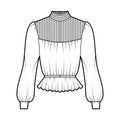 Gibson blouse technical fashion illustration with puff long sleeves, stand collar, peplum hem, fitted body, pintucked.