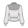 Gibson blouse technical fashion illustration with puff long sleeves, stand collar, peplum hem, fitted body, pintucked.