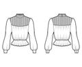 Gibson blouse technical fashion illustration with puff long sleeves, stand collar, peplum hem, fitted body, pintucked.