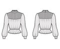 Gibson blouse technical fashion illustration with puff long sleeves, stand collar, peplum hem, fitted body, pintucked.