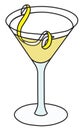 Gibson Martini variation cocktail in specific glass. Gin and Scotch Whiskey based drink garnished with lemon twist